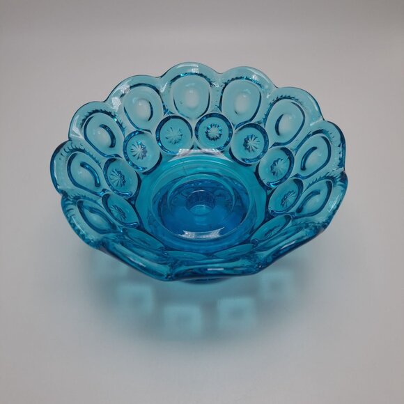 LE Smith Blue Glass Moons & Stars Scalloped Edge Pedestal Bowl Compote - Picture 4 of 13